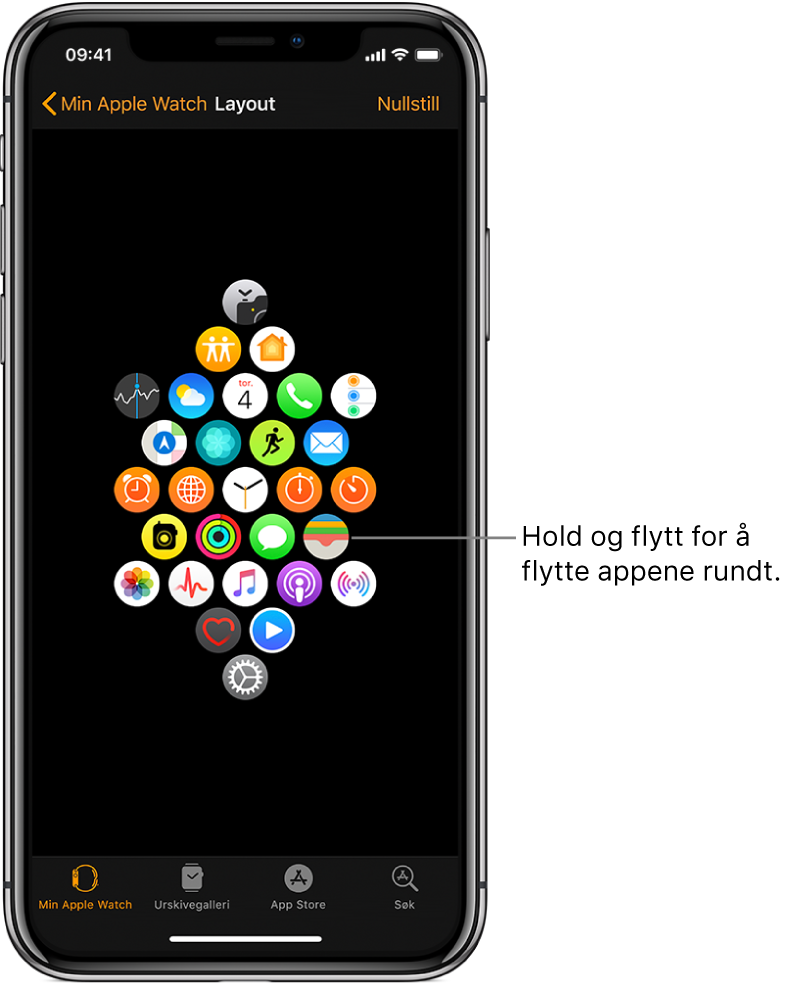 Layoutskjermen i Apple Watch-appen på iPhone som viser et symbolrutenett. En bildetekst peker på et appsymbol og har teksten «Hold og flytt for å flytte appene rundt».