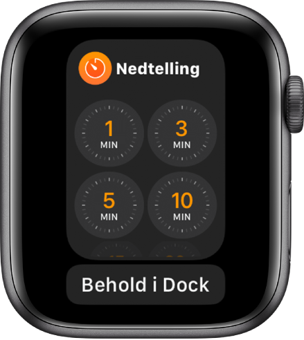 Skjermen med Nedtelling-appen i Dock, med Behold i Dock-knappen nedenfor.
