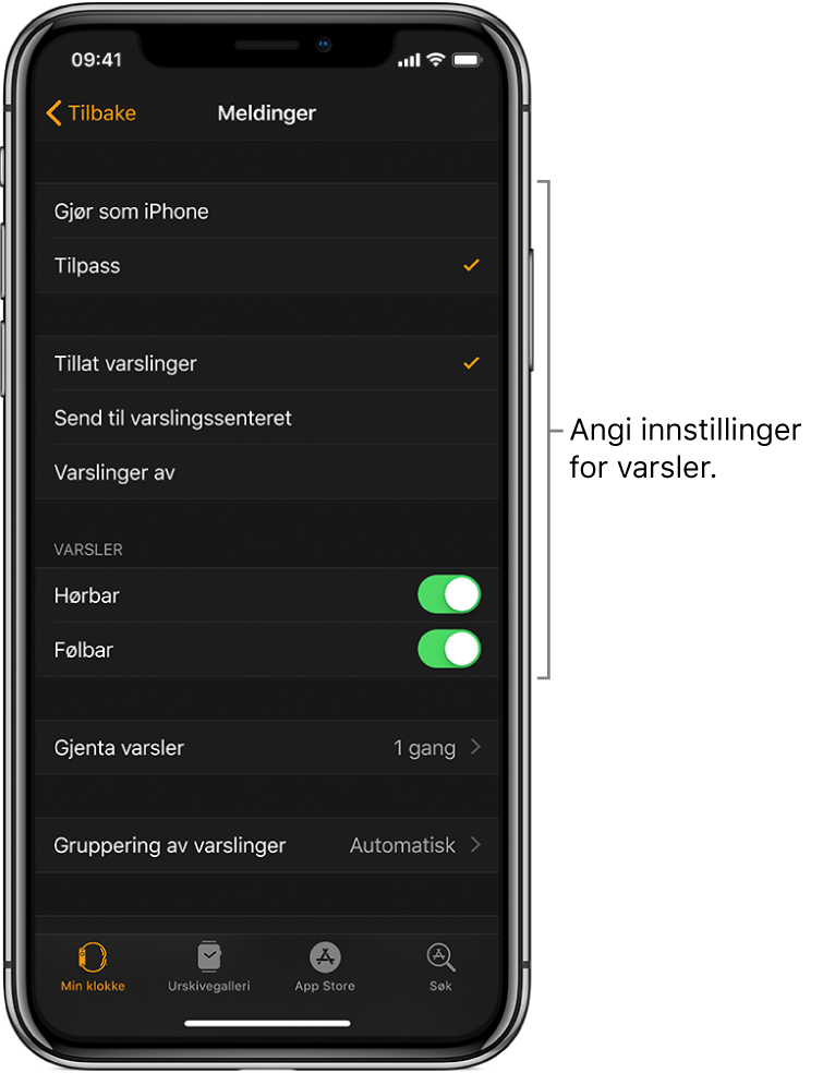 Meldinger-innstillinger i Apple Watch-appen på iPhone. Du kan velge om du vil vise varsler, slå på lyd, slå på følbar respons og gjenta varsler.