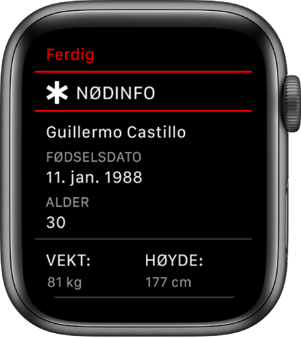 Nødinfo-skjermen, med brukerens navn, fødselsdato, alder, vekt og høyde.