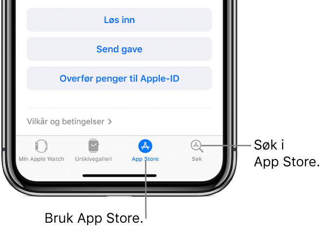 Nederst på skjermen i Apple Watch-appen på iPhone vises fire faner. Den venstre fanen er Min klokke, hvor du går for Apple Watch-innstillinger. Den neste fanen er Urskivegalleri, hvor du kan utforske tilgjengelige urskiver og komplikasjoner. Den neste er App Store, hvor du kan laste ned apper for Apple Watch. Den siste er Søk, hvor du kan finne en app i App Store.