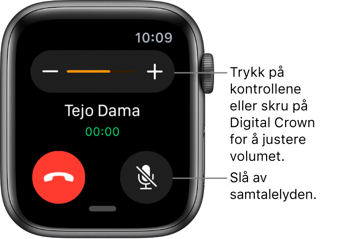 Ved et innkommende telefonanrop vises volumsymbolene – og + på toppen av skjermen, og Lyd av-knappen er nede til høyre.