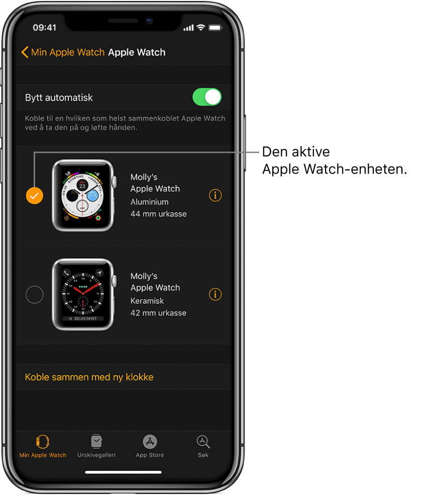Haken viser den aktive Apple Watch-enheten.