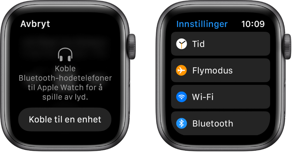 Hvis du bytter lydkilden til Apple Watch før du sammenkobler Bluetooth-høyttalere eller -hodetelefoner, vises en Koble til-knapp midt på skjermen. Her finner du Bluetooth-innstillingene på Apple Watch, hvor du kan legge til en lytteenhet.