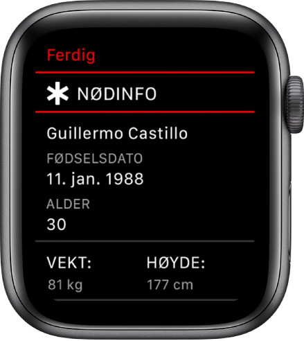 En Nødinfo-skjerm, med en brukers navn, fødselsdato, alder, vekt og høyde.