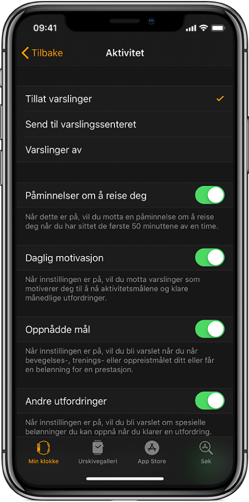 Aktivitet-skjermen i Apple Watch-appen, der du kan tilpasse varslingene du vil få.