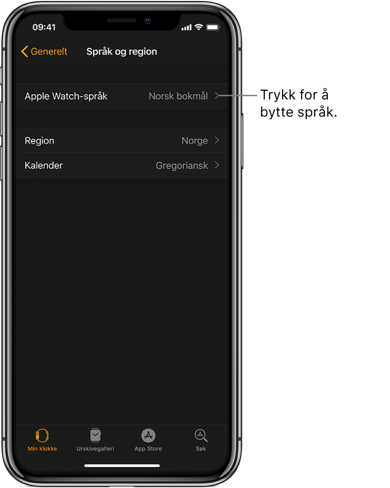 Språk og region-skjermen i Apple Watch-appen, med innstillingen for Apple Watch-språk i øvre del.