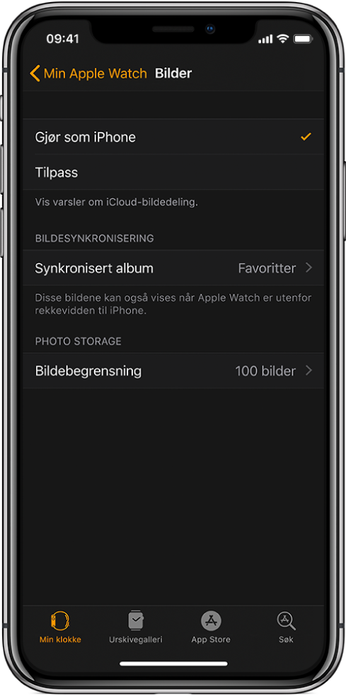 Bilder-innstillinger i Apple Watch-appen på iPhone, med Synkronisert album-innstillingen i midten og Bildebegrensning-innstillingen under.