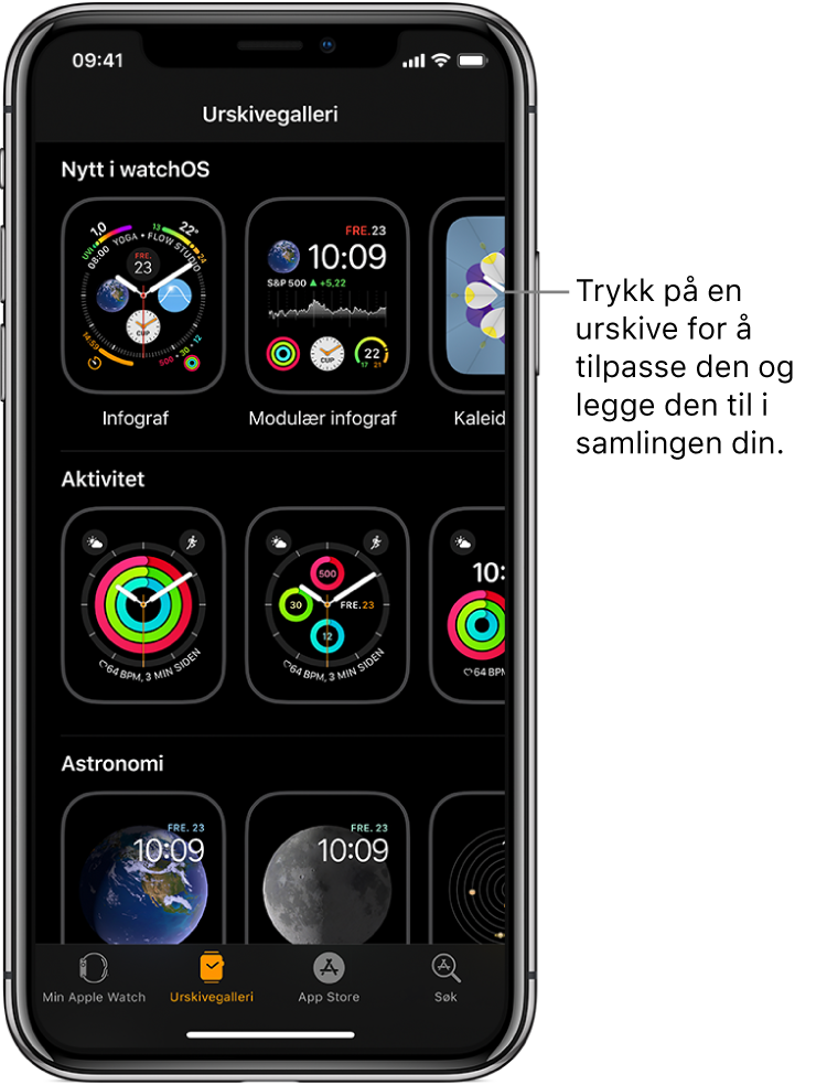 Apple Watch-appen på Urskivegalleri-siden. Den øverste raden viser nye urskiver, og den neste viser urskiver gruppert etter type – for eksempel Aktivitet og Astronomi. Du kan rulle for å se flere urskiver gruppert etter type.
