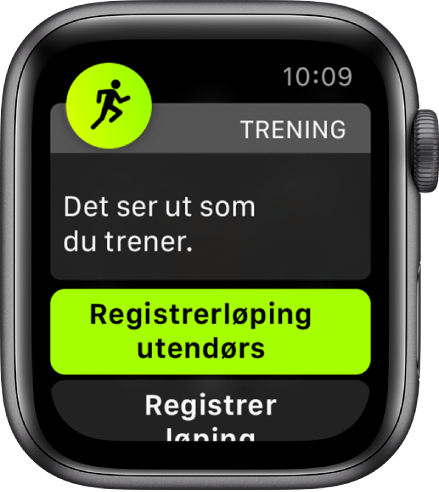 En skjerm der trening registreres, med ordene «Det ser ut som du trener», etterfulgt av en knapp med påskriften «Registrer løping utendørs».