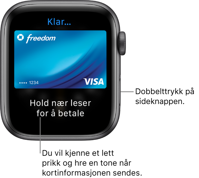 Apple Pay-skjerm med «Klar» øverst og «Hold nær leser for å betale» nedenfor. Et lett prikk og et pip bekrefter at betalingsinformasjonen er sendt.