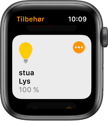 Hjem-appen, som viser tilbehør for belysning. Trykk på symbolet øverst i høyre hjørne i tilbehøret for å justere innstillingene.