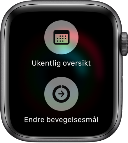 Skjermen i Aktivitet-appen som viser Ukesoppsummering-knappen og Endre bevegelsesmål-knappen.
