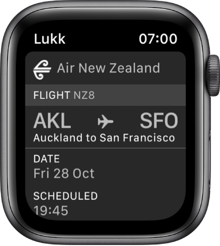 Apple Watch som viser et boardingkort.
