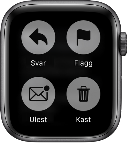Hvis du trykker på skjermen mens du leser en e-postmelding på Apple Watch, vises fire knapper på skjermen: Svar, Flagg, Ulest og Papirkurv.