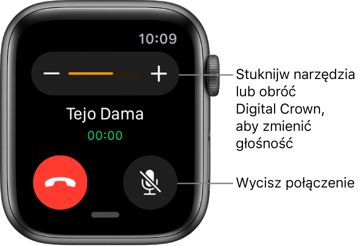 Podczas przychodzącego połączenia telefonicznego na górze ekranu widoczne są ikony głośności — oraz +, a na dole wyświetlany jest przycisk Wycisz.