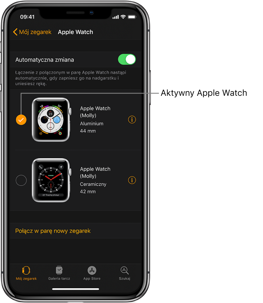 Ikona zaznaczenia wskazuje, który Apple Watch jest aktywny.