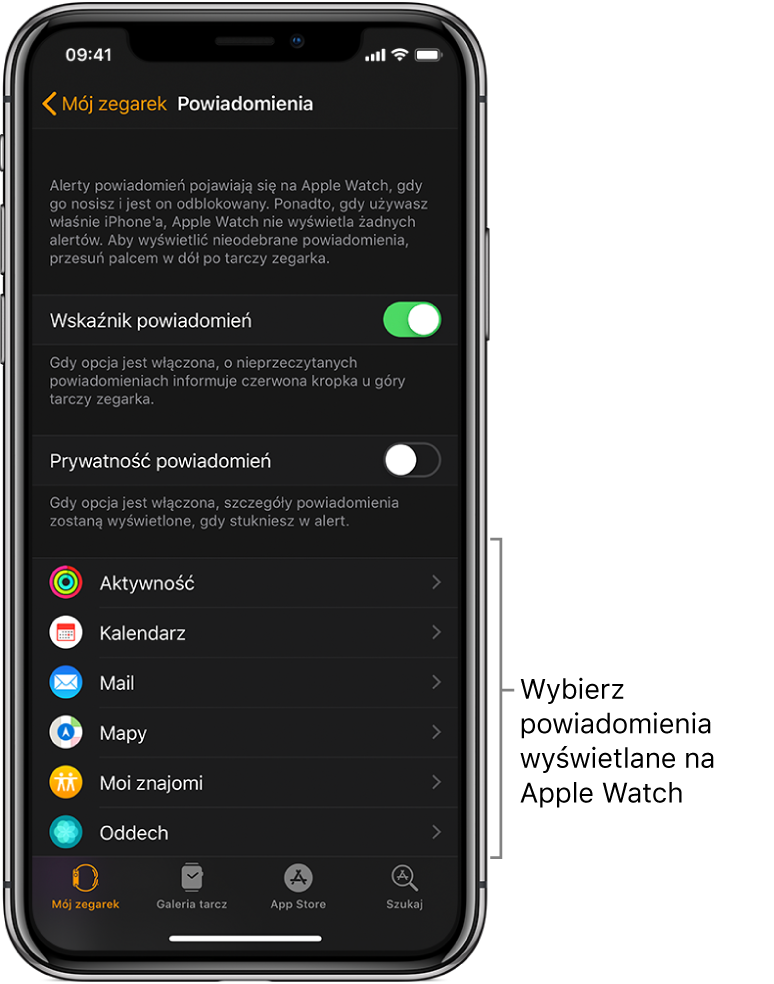 Ekran Powiadomienia w aplikacji Watch na iPhonie, wyświetlający źródła powiadomień.