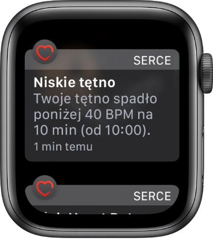Ekran z alertem dotyczącym tętna, informującym o wykryciu zbyt niskiego tętna.