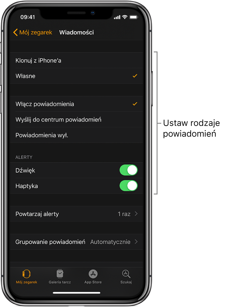 Ustawienia wiadomości w aplikacji Watch na iPhonie. Możesz włączać pokazywanie alertów, włączać dźwięk, haptykę oraz powtarzanie alertów.