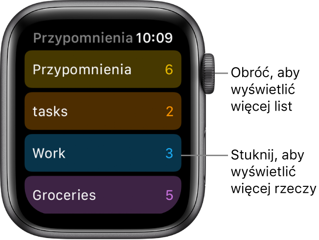 Ekran aplikacji Przypomnienia przedstawiający listę przypomnień, w tym Przypomnienia, Zadania, Praca oraz Zakupy. Stuknij w daną listę, aby zobaczyć znajdujące się na niej pozycje. Obróć Digital Crown, aby zobaczyć więcej list.