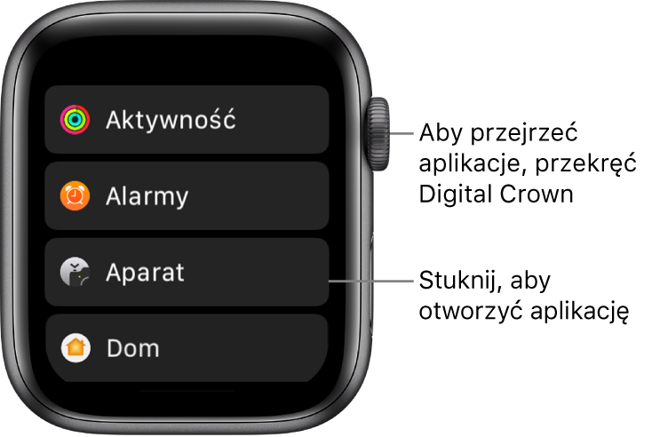 Ekran początkowy Apple Watch w widoku listy, zawierający listę aplikacji. Stuknij w daną aplikację, aby ją otworzyć. Przewiń, aby zobaczyć więcej aplikacji.