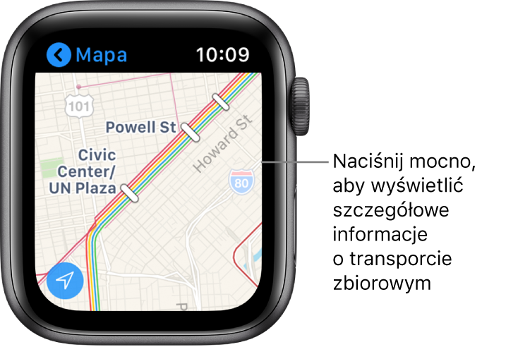 Aplikacja Mapy pokazująca szczegóły dojazdu transportem publicznym, w tym linie i nazwy przystanków.