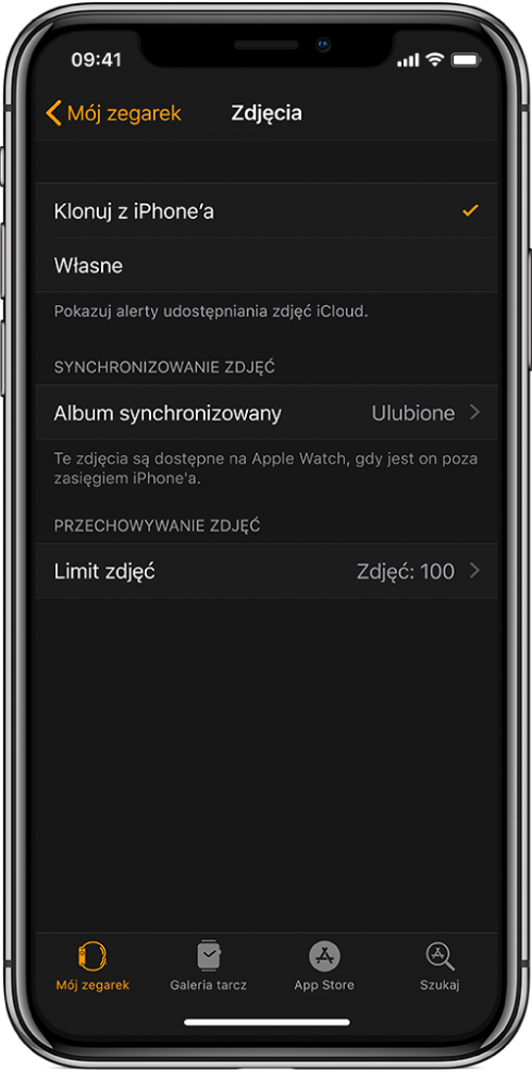 Ustawienia aplikacji Zdjęcia w aplikacji Watch na iPhonie. Na środku widoczna jest etykieta Album synchronizowany, a poniżej znajduje się pozycja Limit zdjęć.