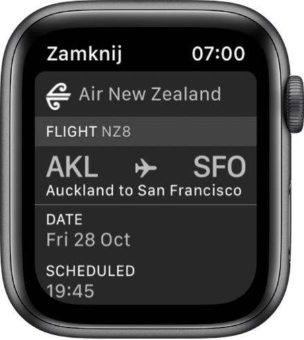 Apple Watch wyświetlający kartę pokładową.
