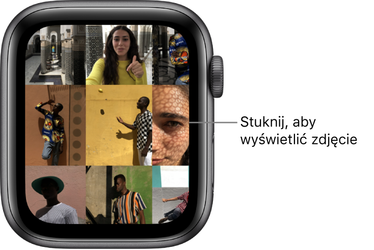 Główny ekran aplikacji Zdjęcia na Apple Watch, przedstawiający kilka zdjęć wyświetlonych w postaci siatki.
