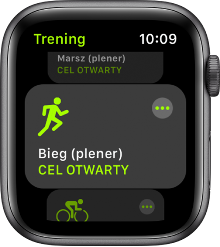 Ekran aplikacji Trening z wyróżnionym treningiem biegu w plenerze.