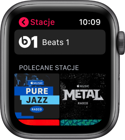 Ekran aplikacji Radio, wyświetlający na górze radio Beats 1, a poniżej dwie polecane stacje.