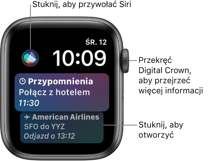 Tarcza zegarka Siri wyświetlająca przypomnienie oraz kartę pokładową. W lewym górnym rogu ekranu znajduje się przycisk Siri. W prawym górnym rogu widoczna jest data i godzina.