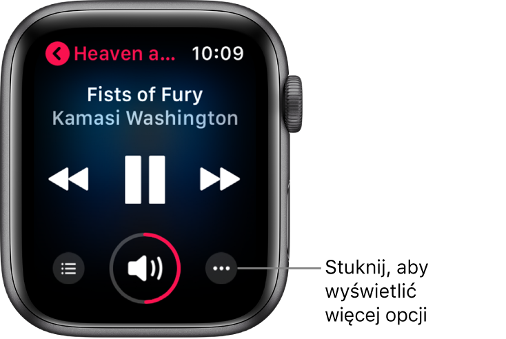 Ekran Odtwarzane, zawierający narzędzia do odtwarzania i regulacji głośności. Powyżej widoczny jest tytuł utworu oraz nazwa wykonawcy. W lewym górnym rogu znajduje się tytuł albumu.