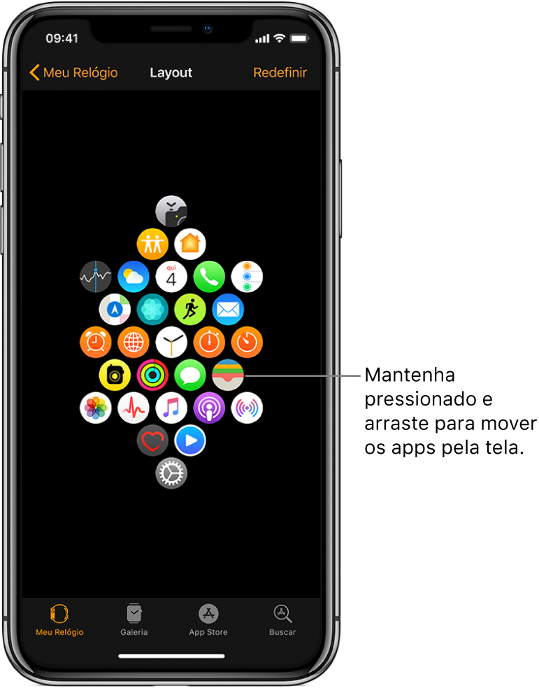 A tela Layout no app Apple Watch mostrando uma grade de ícones. Uma chamada indica o ícone de um app e diz “Toque e arraste para mover apps”.