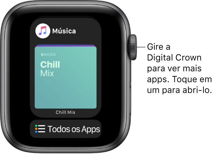 Dock mostrando o app Música com o botão “Todos os Apps” abaixo. Gire a Digital Crown para ver mais apps. Toque em um para abrir.