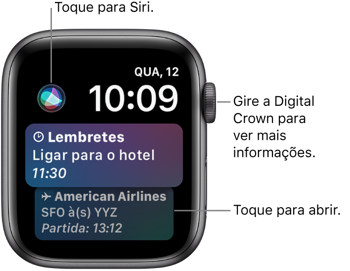 Mostrador Siri exibindo um lembrete e um cartão de embarque. O botão Siri encontra-se na parte superior esquerda da tela. A data e a hora estão na parte superior direita.