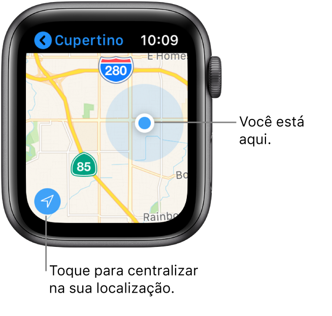 App Mapas mostrando um mapa; toque na seta no canto inferior esquerdo para centralizar em sua localização atual; sua localização é mostrada como um ponto azul no mapa.
