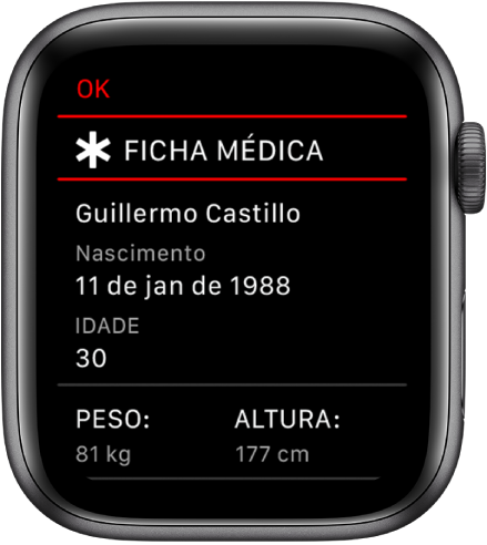 A tela Ficha Médica mostrando o nome, a data de nascimento, a idade, o peso e a altura do usuário.