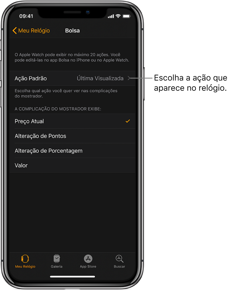 Tela dos ajustes do app Bolsa no app Apple Watch no iPhone mostrando opções para escolher uma Ação Padrão, definida como Última Visualizada.