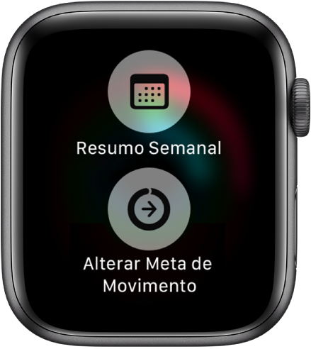 Tela do app Atividade mostrando os botões Resumo Semanal e Alterar Meta de Movimento.