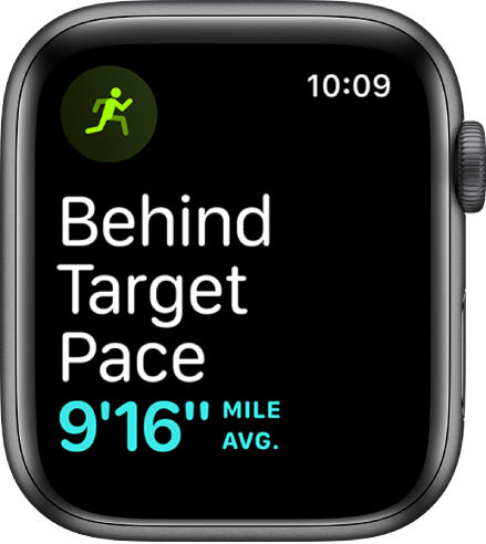 Uma tela de Exercício que mostra que você está correndo abaixo da sua meta de ritmo.