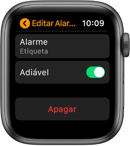 Tela Editar Alarme, com o botão Apagar na parte inferior.