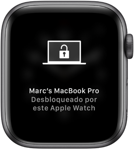 Tela do Apple Watch mostrando a mensagem “MacBook Pro do Marcos desbloqueado por este Apple Watch”.