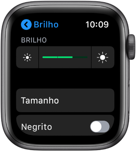 Ajustes de brilho do Apple Watch, com o controle deslizante de Brilho na parte superior, o botão Tamanho do Texto abaixo e o controle Negrito na parte inferior.