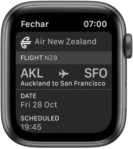 Apple Watch mostrando um cartão de embarque.