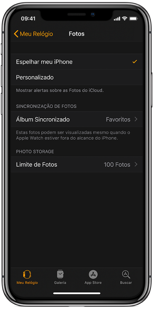 Ajustes do Fotos no app Apple Watch no iPhone, com o ajuste Álbum Sincronizado no meio e o ajuste Limite de Fotos abaixo.