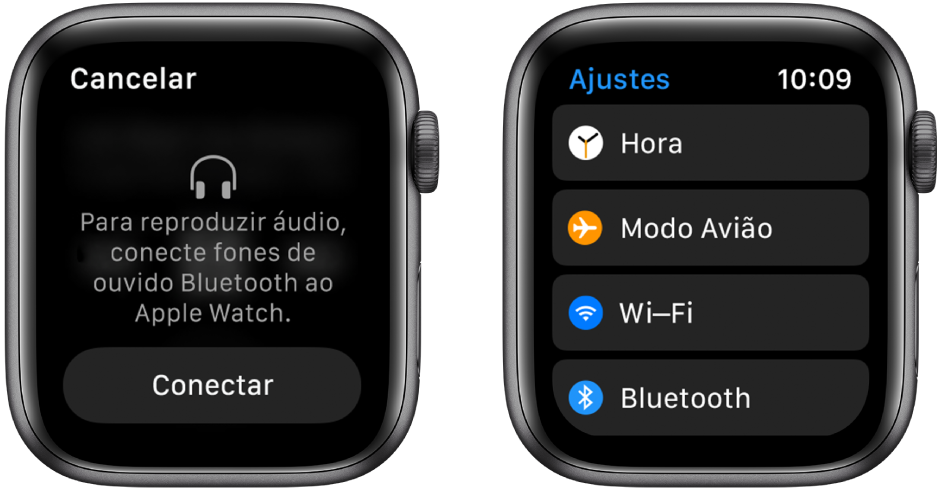 Se você alternar a origem de áudio para o Apple Watch antes de emparelhar fones de ouvido ou alto-falantes Bluetooth, o botão Conectar aparece no centro da tela; ele leva você aos ajustes de Bluetooth no Apple Watch, onde é possível adicionar um dispositivo de audição.