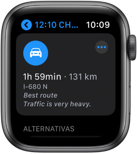 O app Mapas mostrando uma rota sugerida com a distância estimada da rota e o tempo necessário para chegar ao destino. O botão Mais aparece na parte superior direita.