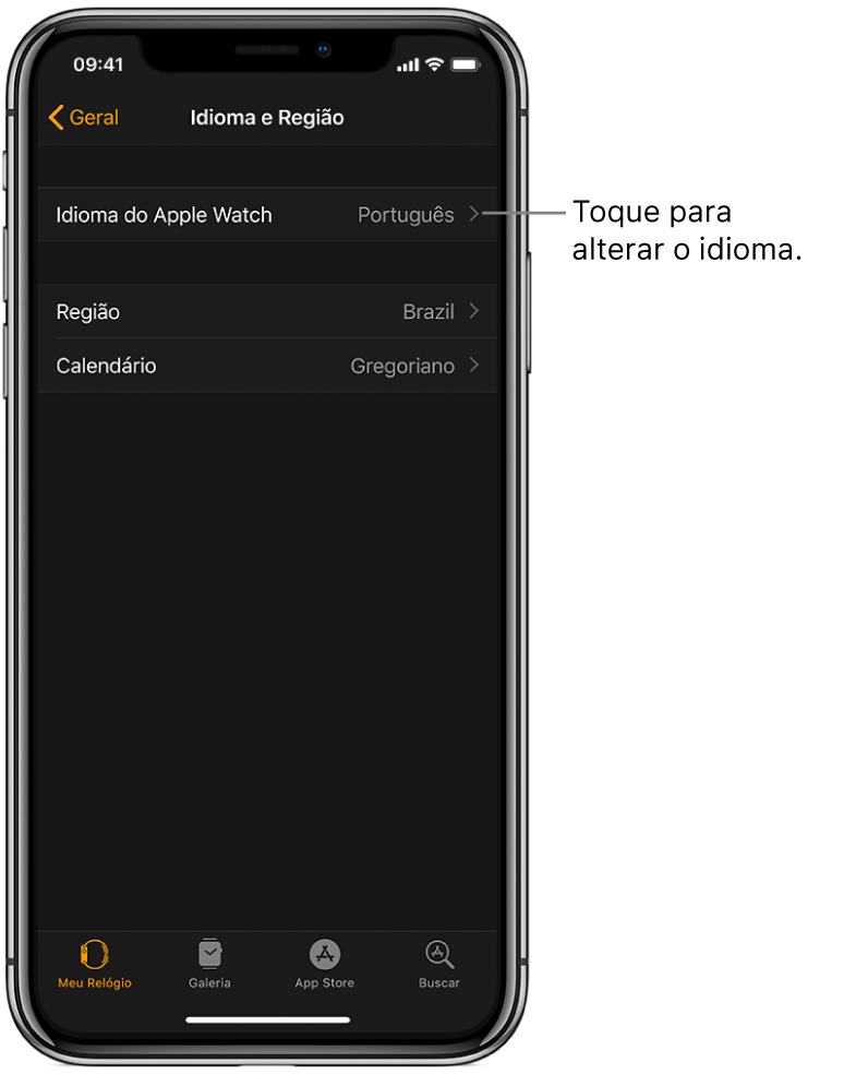 Tela de Idioma e Região no app Apple Watch, com os ajustes de Idioma do Apple Watch próximos à parte superior.